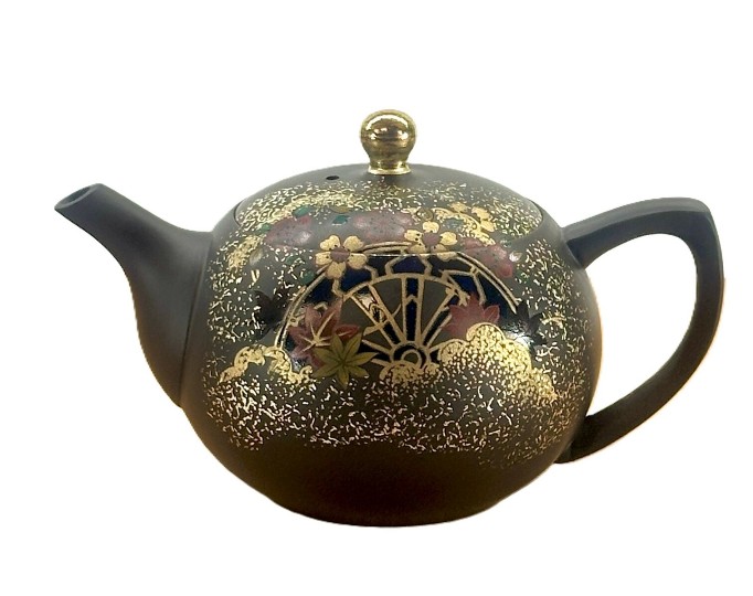 常滑焼x九谷焼のコラボ急須【セラメッシュ茶こし】石龍　朱泥/黒窯変　金つまみ金彩華車ポット急須　約200cc 九谷焼絵付師/田村次盛