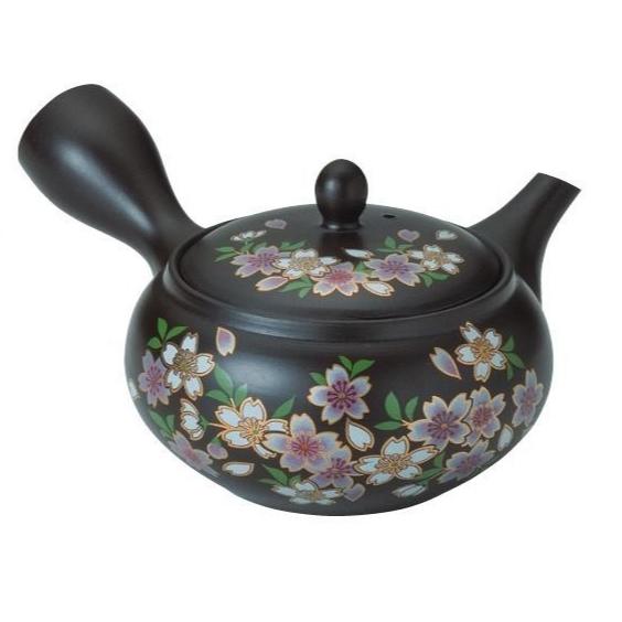 常滑焼 急須【帯網茶こし急須】黒金彩桜急須 360竓