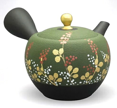 常滑焼 急須 昭萠作 金つまみ グリーンノタ金萩 290ml (セラメッシュ茶こし)|虹八-Kohya-