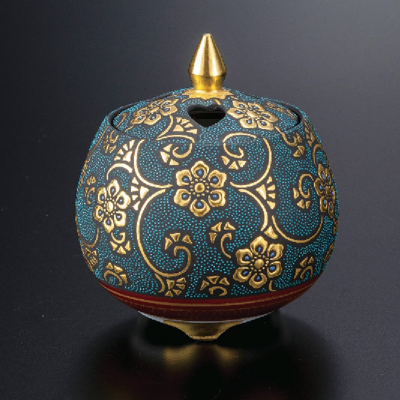 日本の伝統工芸品【九谷焼】2.8号豆香炉 盛金宝相華唐草文青粒 仲田錦玉