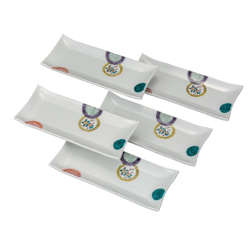 日本の伝統工芸品【九谷焼】8号皿揃 色絵丸紋(5枚組)