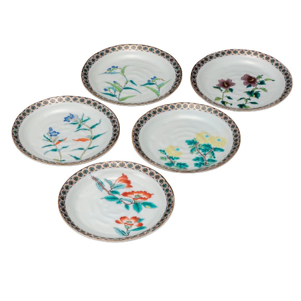 日本の伝統工芸品【九谷焼】6号皿揃 金襴小紋五草花(5枚組)|虹八-Kohya-