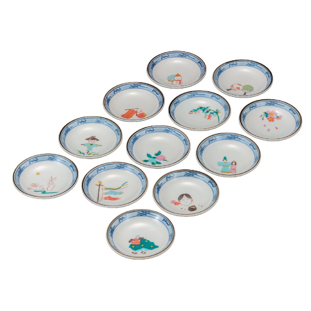 日本の伝統工芸品【九谷焼】3号皿揃 絵ごよみ 色絵 遊(12枚組)|虹八-Kohya-
