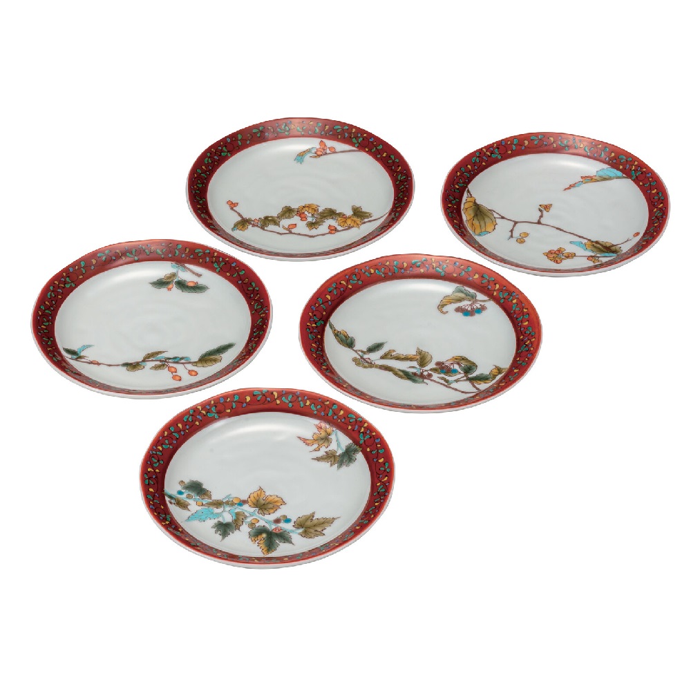 日本の伝統工芸品【九谷焼】5.5号皿揃 木の実絵変り(5枚組)|虹八-Kohya-