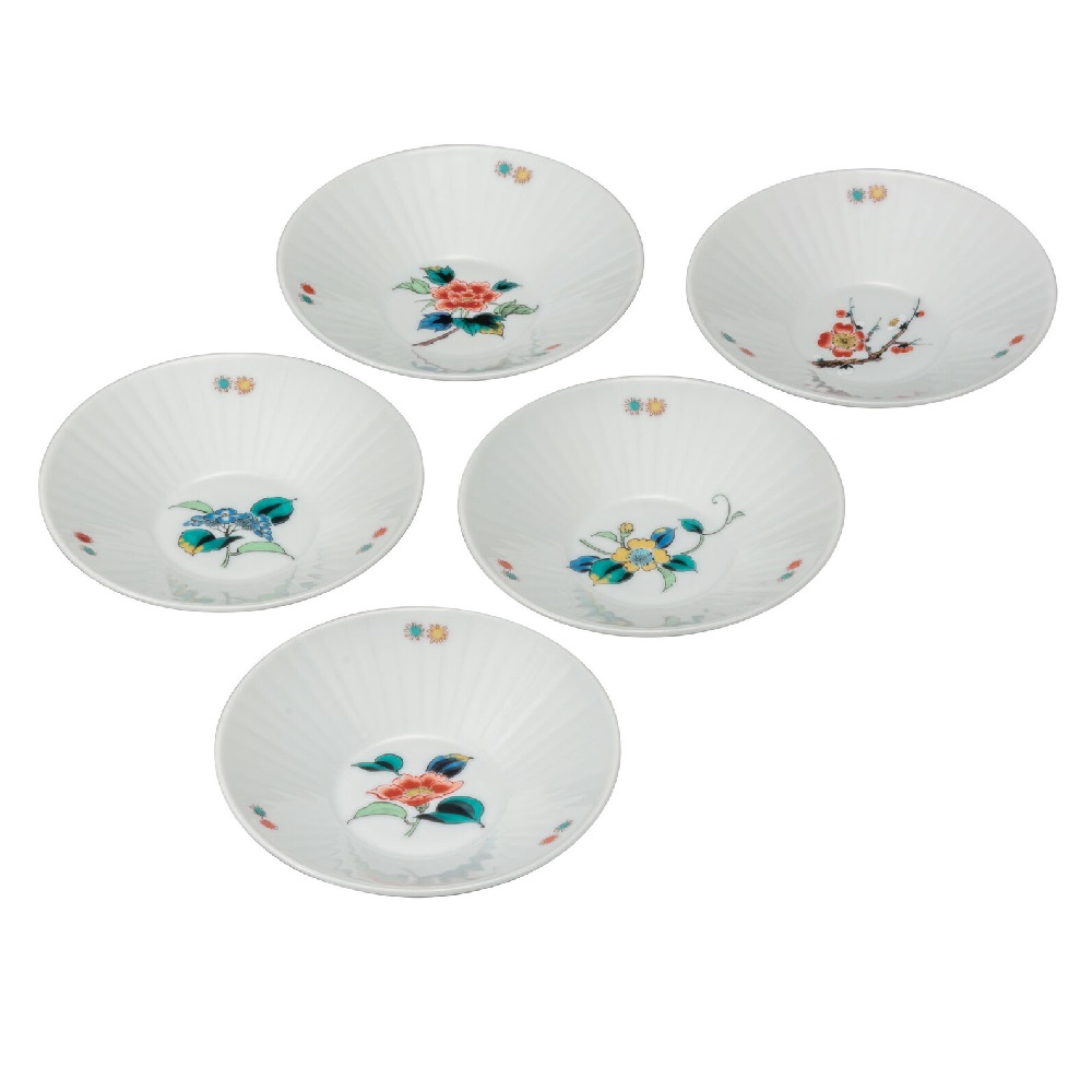 日本の伝統工芸品【九谷焼】4.5号浅鉢揃 草花絵変り（5枚組）｜虹八-Kohya-