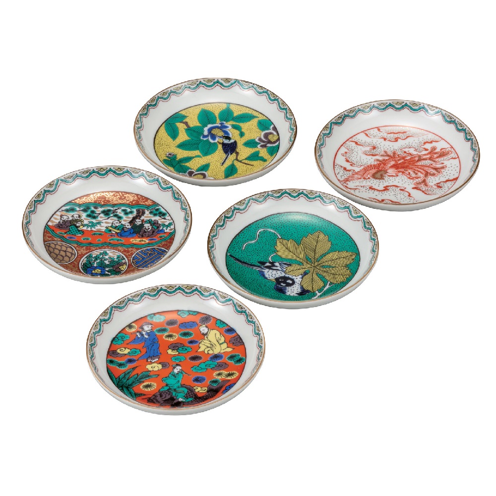 日本の伝統工芸品【九谷焼】4.2号皿揃 時代絵（5枚組）｜虹八-Kohya-