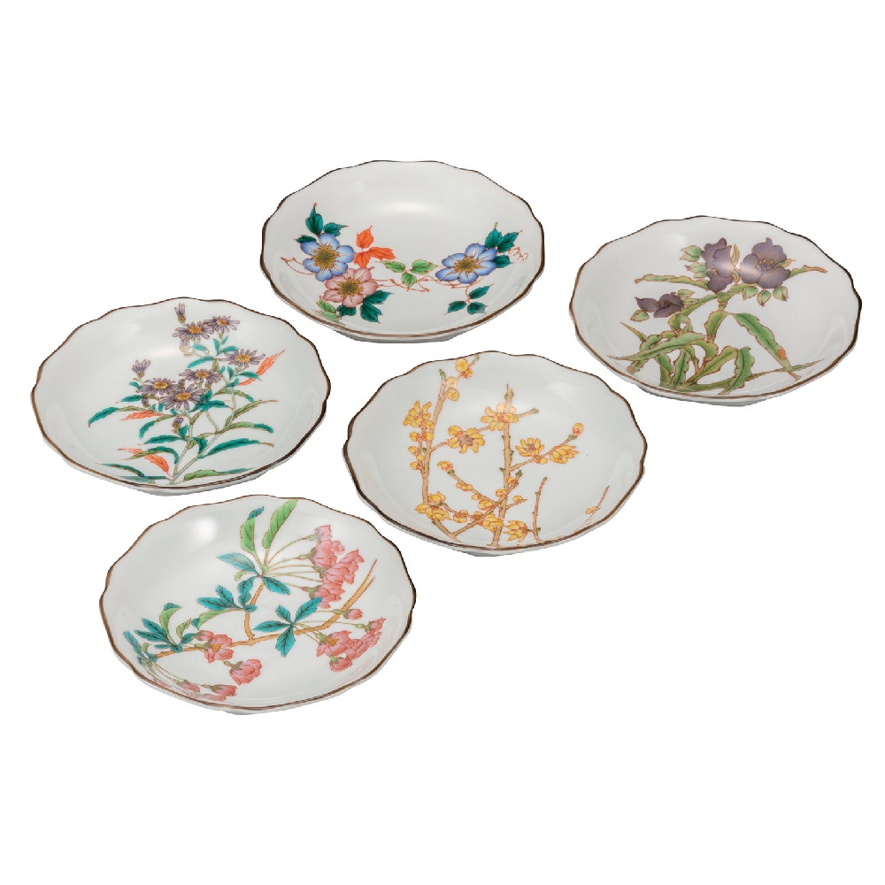 日本の伝統工芸品【九谷焼】4.2号皿揃 四季の草花（5枚組）