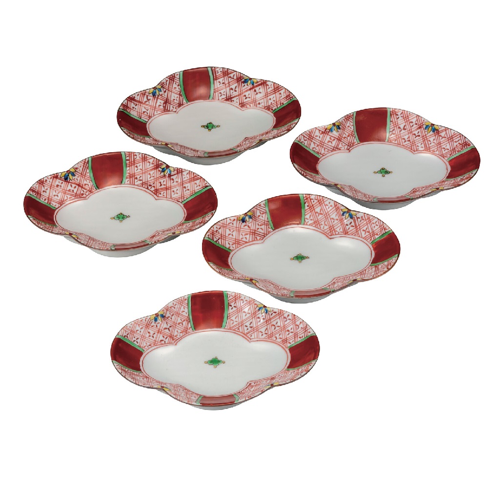 日本の言い慣わし芸術品【九谷焼】6号皿揃 赤絵 双鳩窯（5枚組）