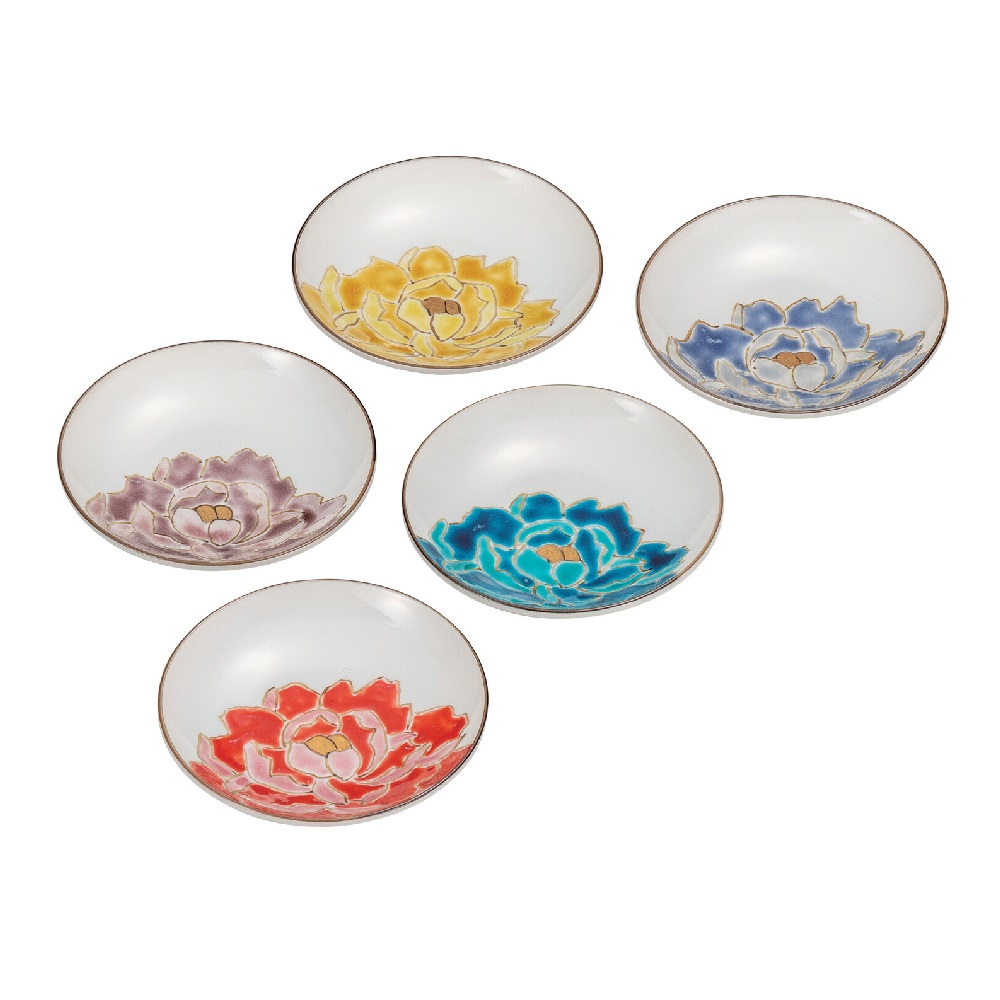 日本の伝統工芸品【九谷焼】3.2号皿揃 牡丹 佐藤剛志（5枚組）