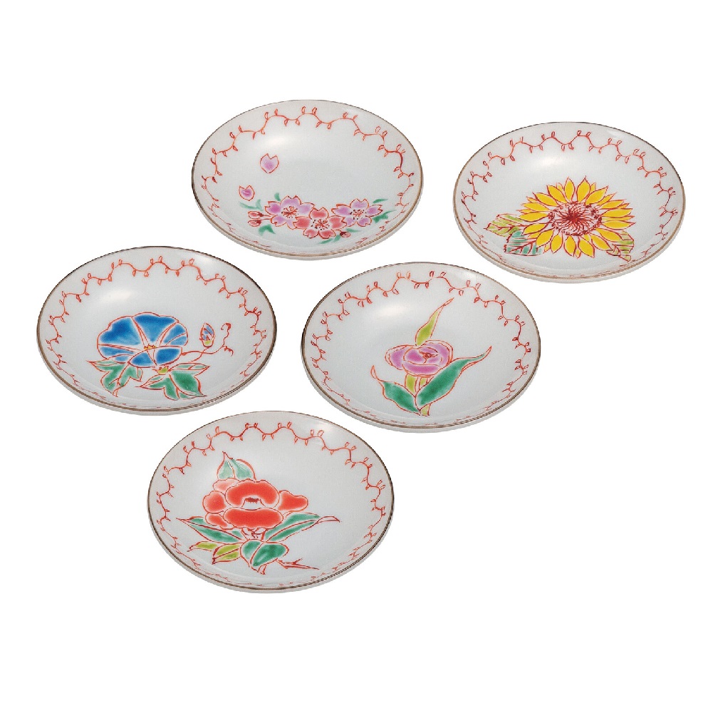 日本の伝統工芸品【九谷焼】3.2号皿揃 草花絵変り 澤田郁美（5枚組）