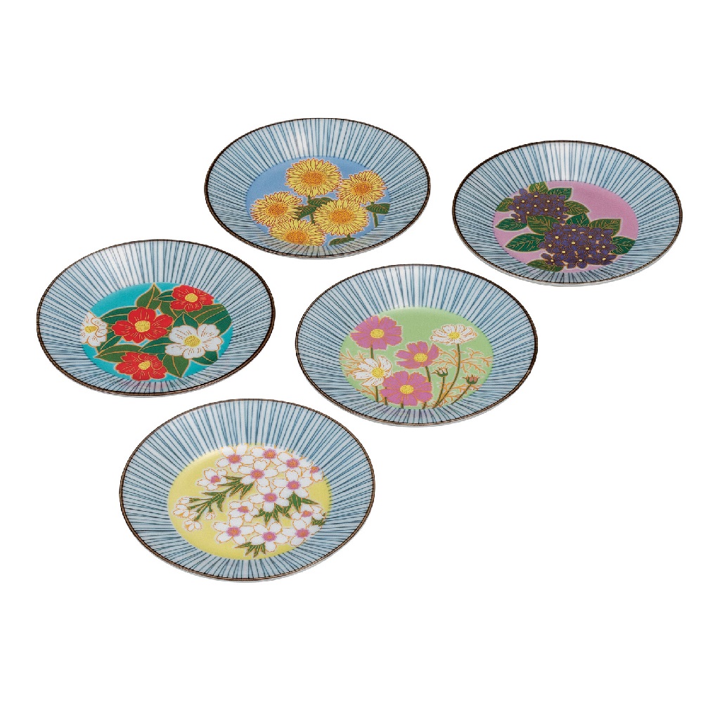 日本の言い慣わし芸術品【九谷焼】5.2号皿揃 花絵上がり下がり（5枚組） 食器-皿・プレート