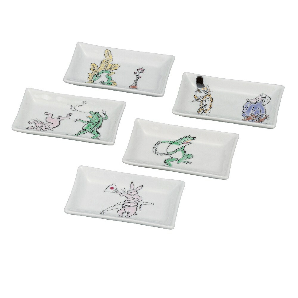 日本の伝統工芸品【九谷焼】4号皿揃 九谷鳥獣戯画（5枚組）｜虹八-Kohya-