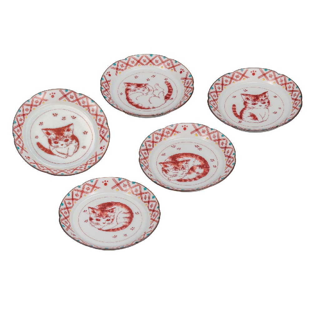 日本の伝統工芸品【九谷焼】3.2号皿揃 赤絵こねこ(5枚組)|虹八-Kohya-