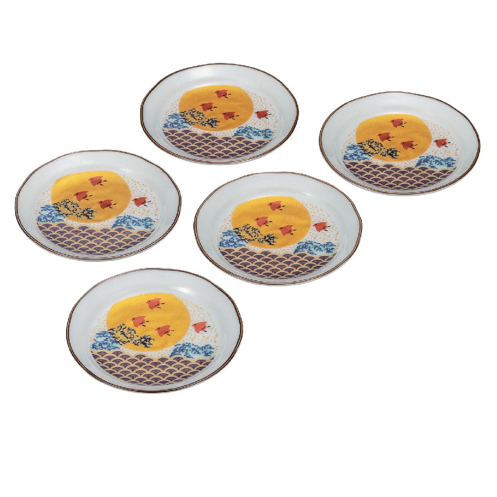 日本の伝統工芸品【九谷焼】4.5号皿揃 波千鳥（5枚組）