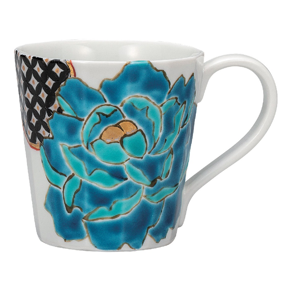 日本の伝統工芸品【九谷焼】マグカップ 碧牡丹 佐藤剛志