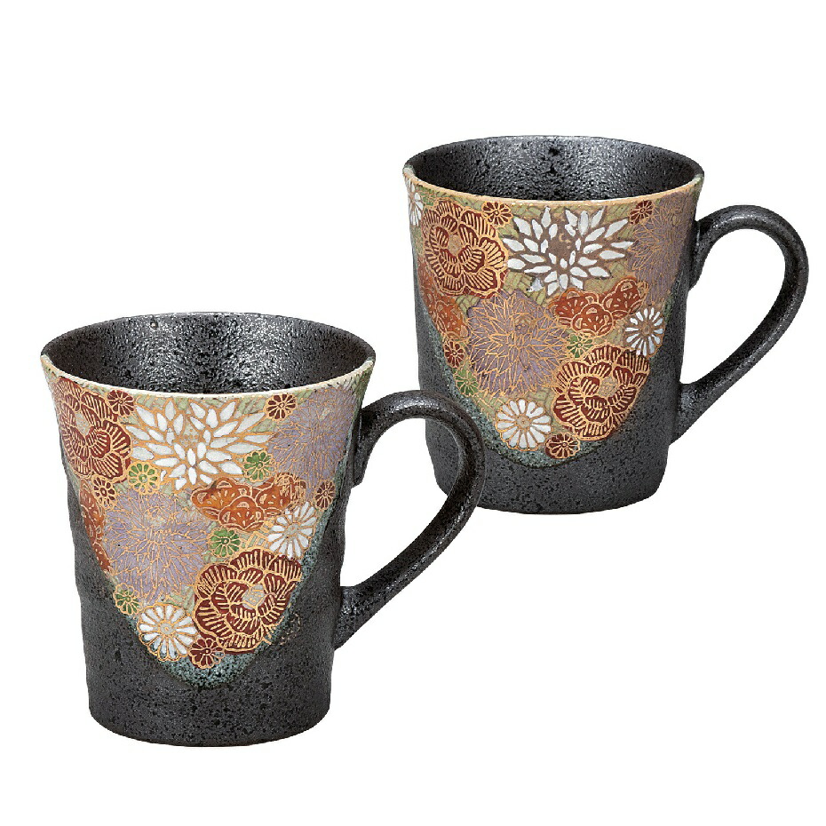 日本の伝統工芸品【九谷焼】ペアマグカップ 花詰