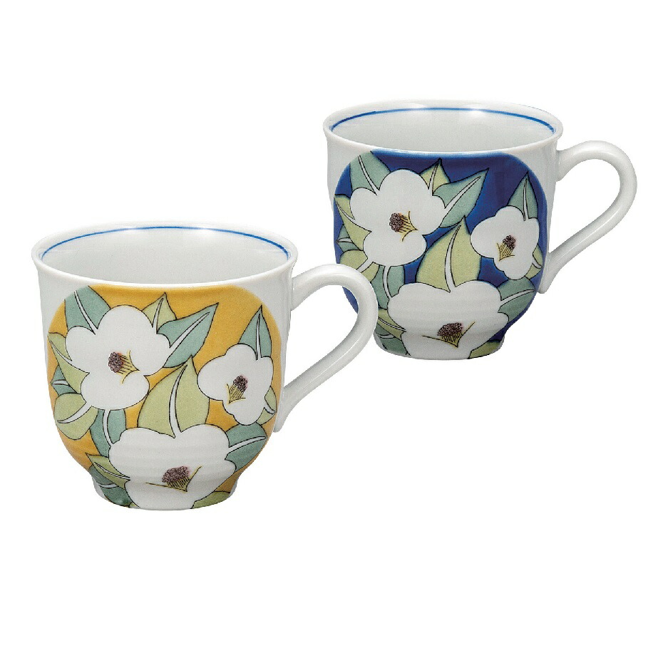 日本の言い慣わし芸術品【九谷焼】ペアマグカップ 釉彩花椿