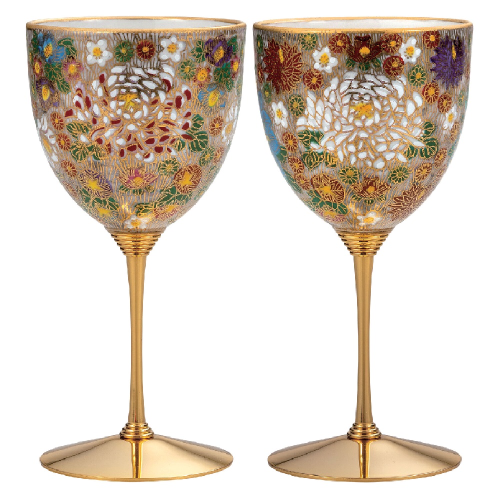 日本の言い慣わし芸術品【九谷焼】ペアワインカップ 金花詰