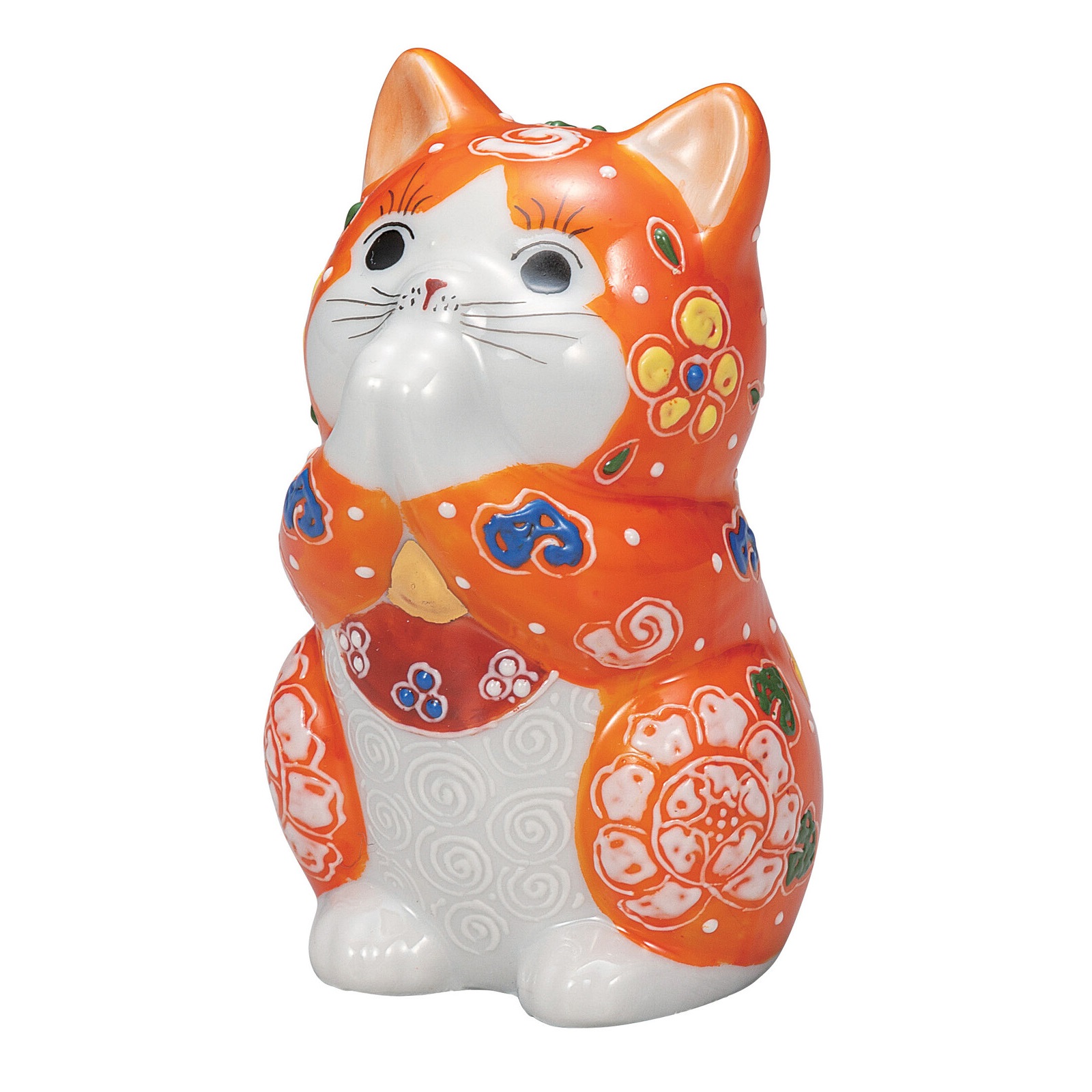 日本の伝統工芸品【九谷焼】3.2号お祈り猫 だいだい盛