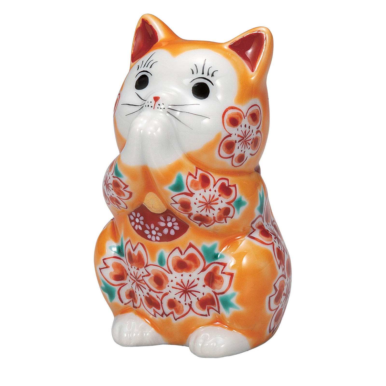 日本の伝統工芸品【九谷焼】3.2号お祈り猫 オレンジ釉桜