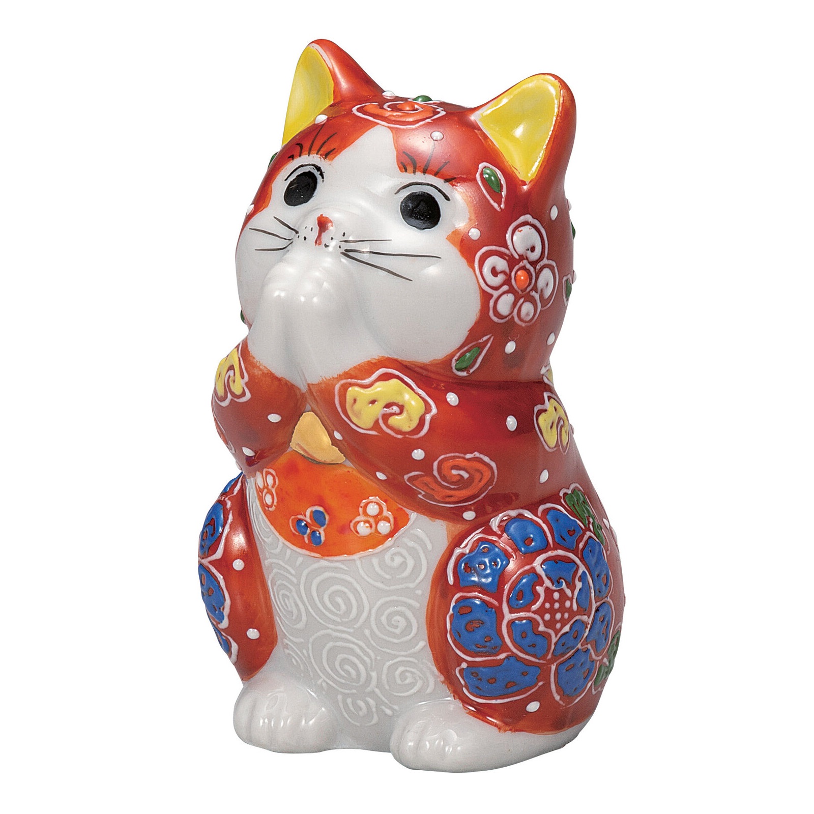 日本の伝統工芸品【九谷焼】2.7号お祈り猫 赤盛