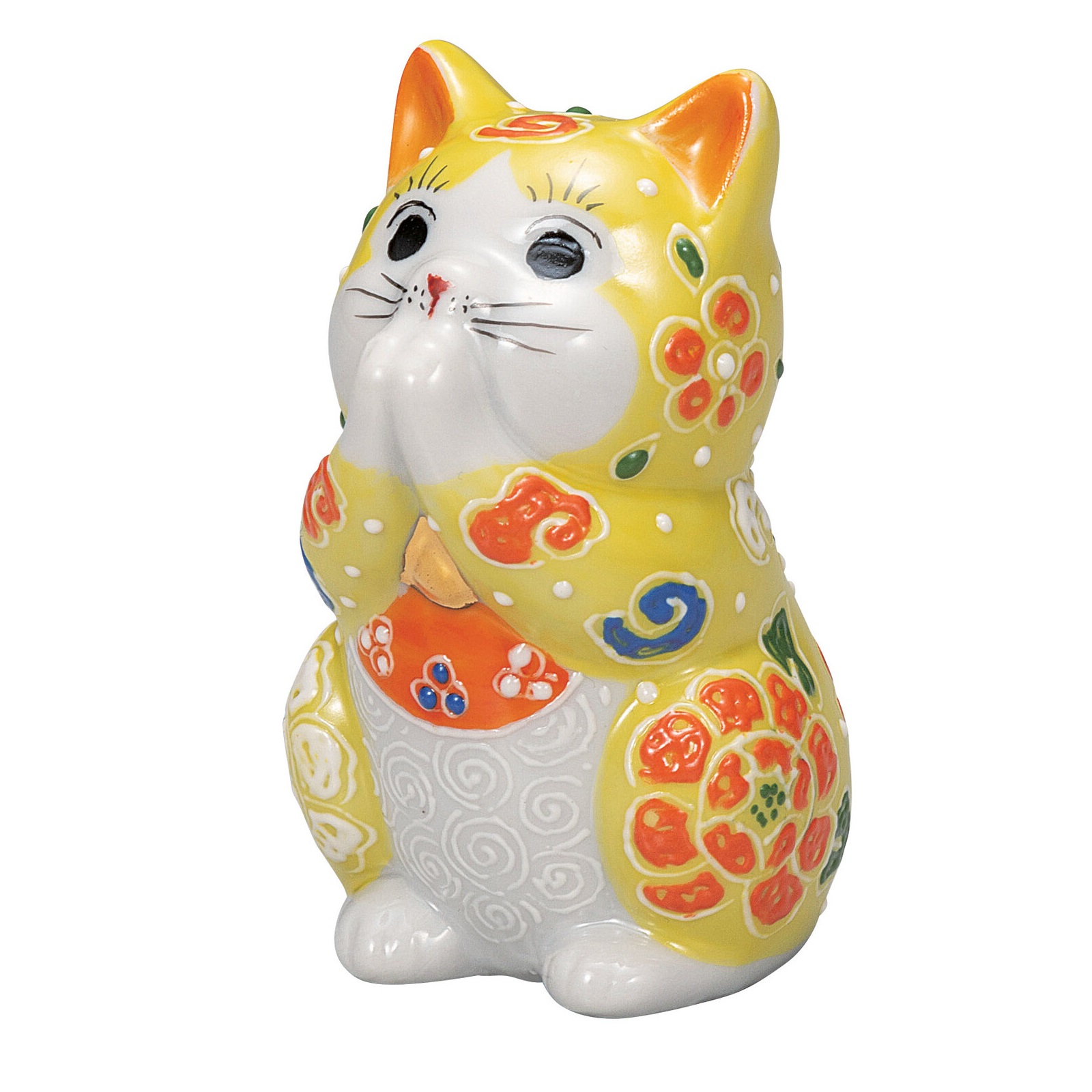 日本の伝統工芸品【九谷焼】2.7号お祈り猫 黄盛｜虹八-Kohya-