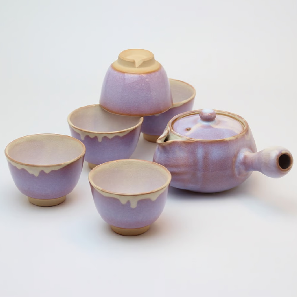 萩焼 椿秀窯 萩むらさきゆり茶器揃 急須：（350ml）碗（130ml）×5