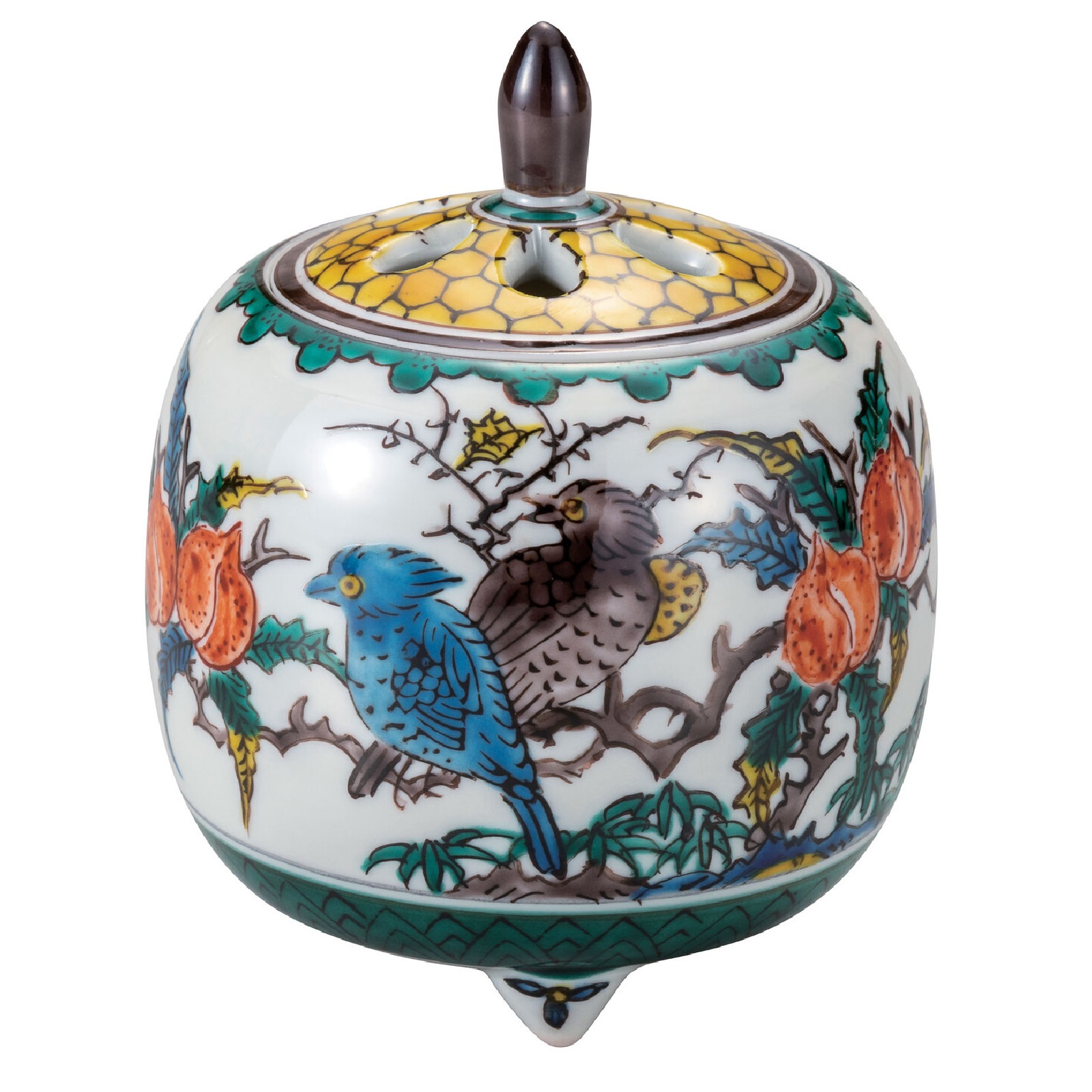 日本の伝統工芸品【九谷焼】3.5号香炉 古九谷花鳥｜虹八-Kohya-