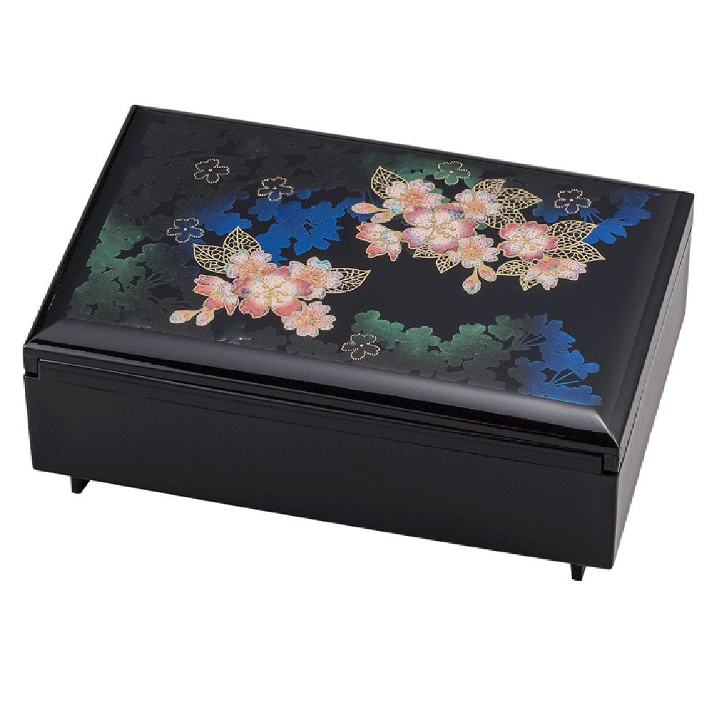 山中漆器 山中塗 輝桜 匠宝石箱 オルゴール付 花びら一枚一枚が細かく面分けされ、宝石を思わせる繊細な蒔絵が施された逸品。ベースの深みのある黒色が、桜の花をより一層輝かせています。｜虹八-Kohya-