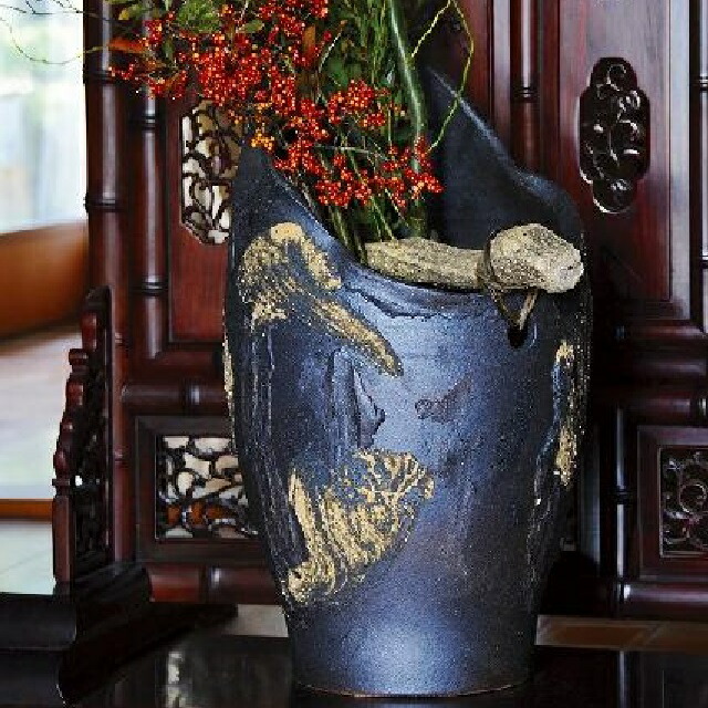 信楽焼 花瓶 花入れ 窯変手桶 高さ24cm 信楽焼 花瓶 花入れ 萌黄窯