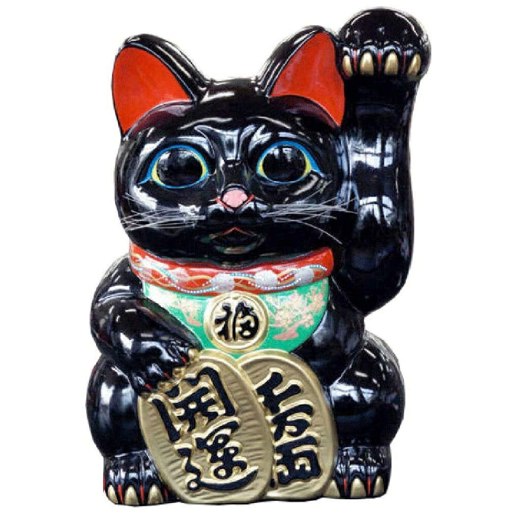 常滑焼 招き猫 梅月 開運黒手長小判猫（押し手）15号 高さ：48糎