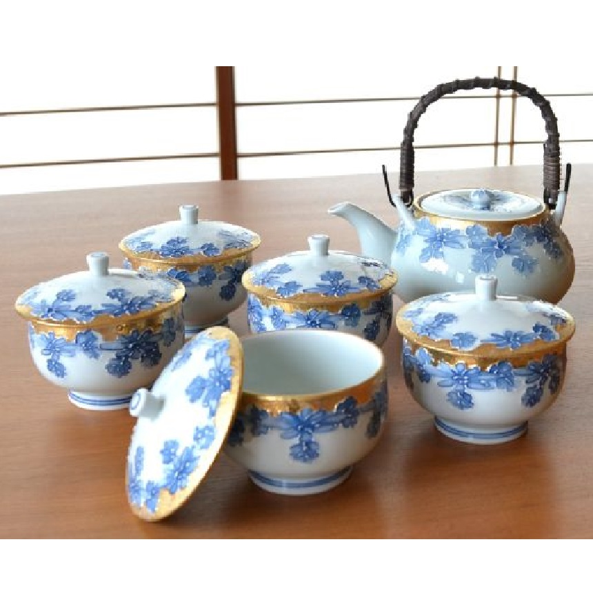 有田焼 金濃一珍菊 汲出しU土瓶茶器揃(木箱入)土瓶・湯飲み×5客|虹八-Kohya-
