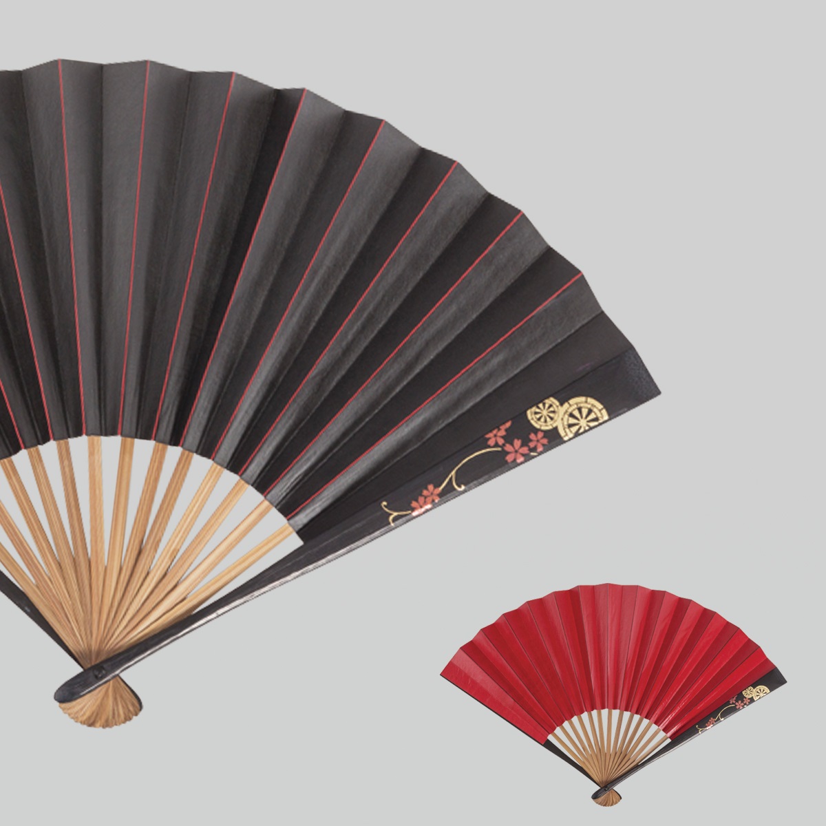 柿渋脇漆扇子 (7寸)御所車桜紋様 扇紙は平安時代より伝わる柿渋を丹念に重ね塗りし、使うほどに味が増します柿渋ならではの美しい扇紙光沢と、箔職人による箔蒔絵を施した竹軸に、日本の『粋』が宿ります。