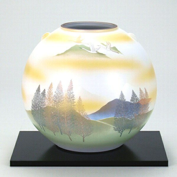 日本の言い慣わし芸術品【九谷焼】7号花立て 鶴木立ち山岳地帯 (花台付)