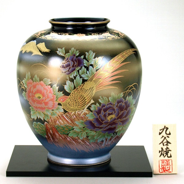 日本の言い慣わし芸術品【九谷焼】8号花立て 天目金雉鳥 (花台付)