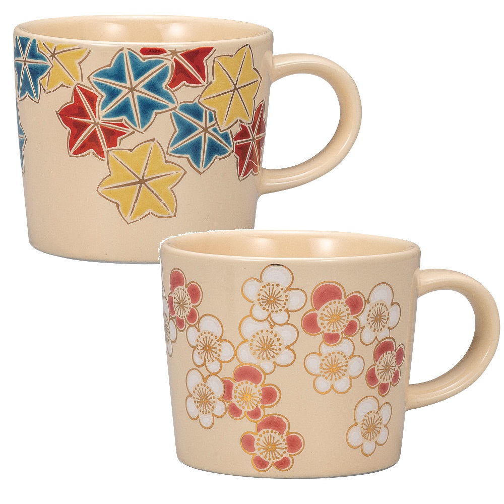 日本の言い慣わし芸術品【九谷焼】カップ 象牙色もみじ・象牙色梅（2客組） キッチン用品・食器・調理器具-マグカップ・ティーカップ-マグカップ