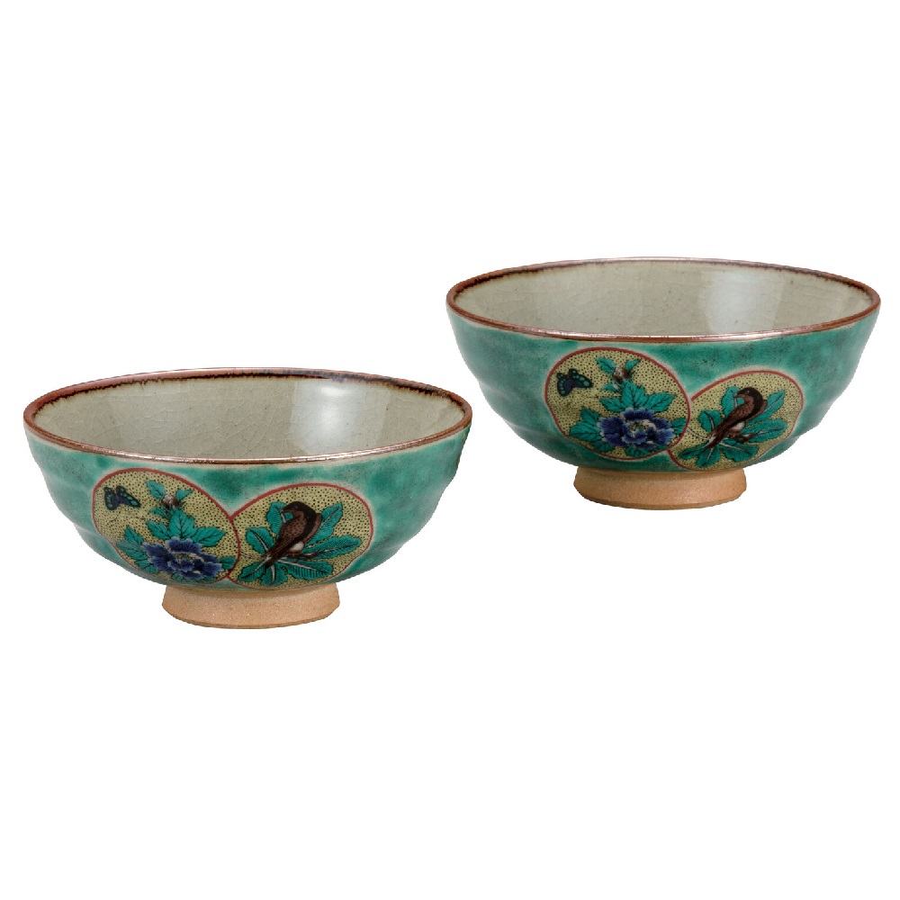 日本の伝統工芸品【九谷焼】組飯碗 グリーン丸紋
