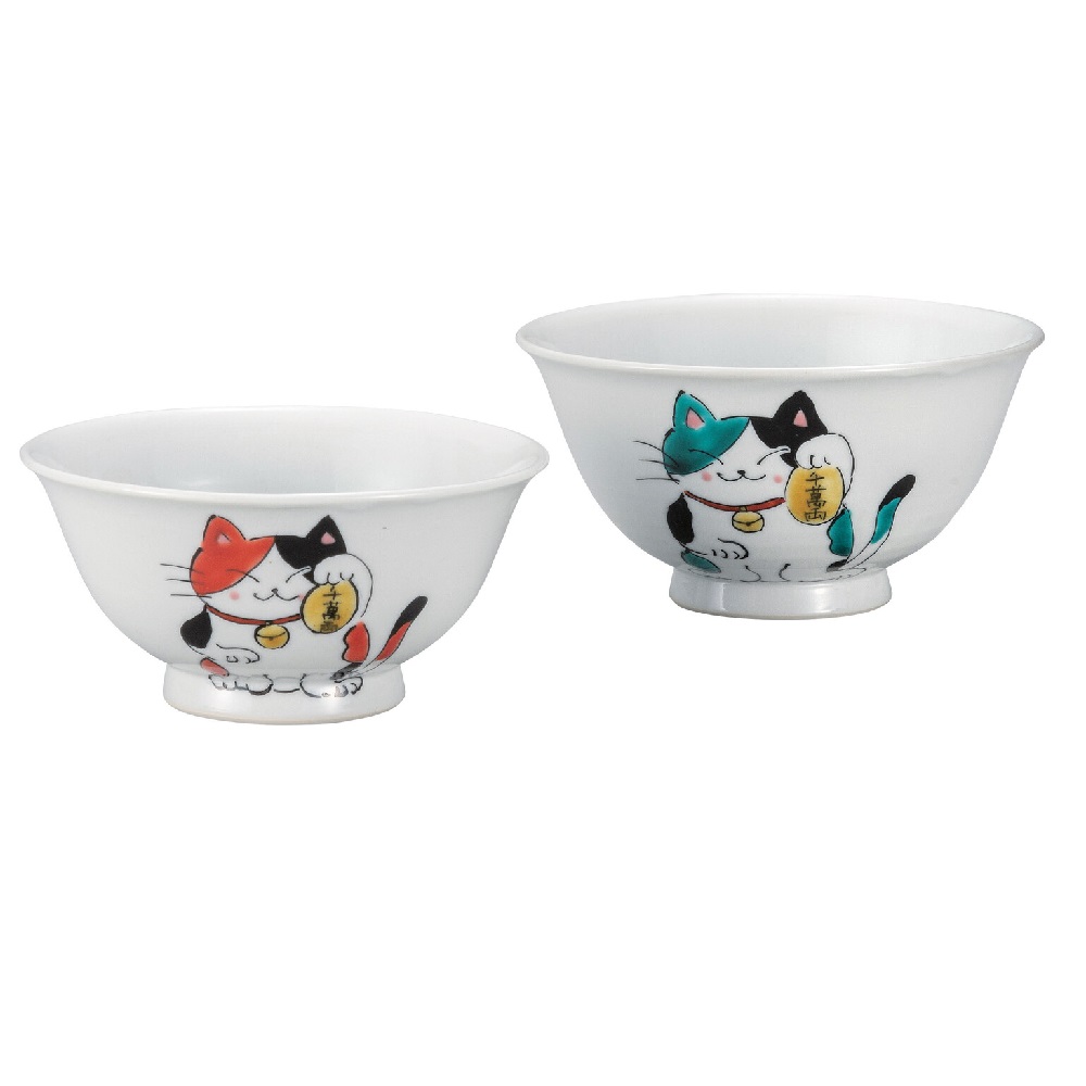 日本の伝統工芸品【九谷焼】組飯碗 ねこ 西田裕子｜虹八-Kohya-