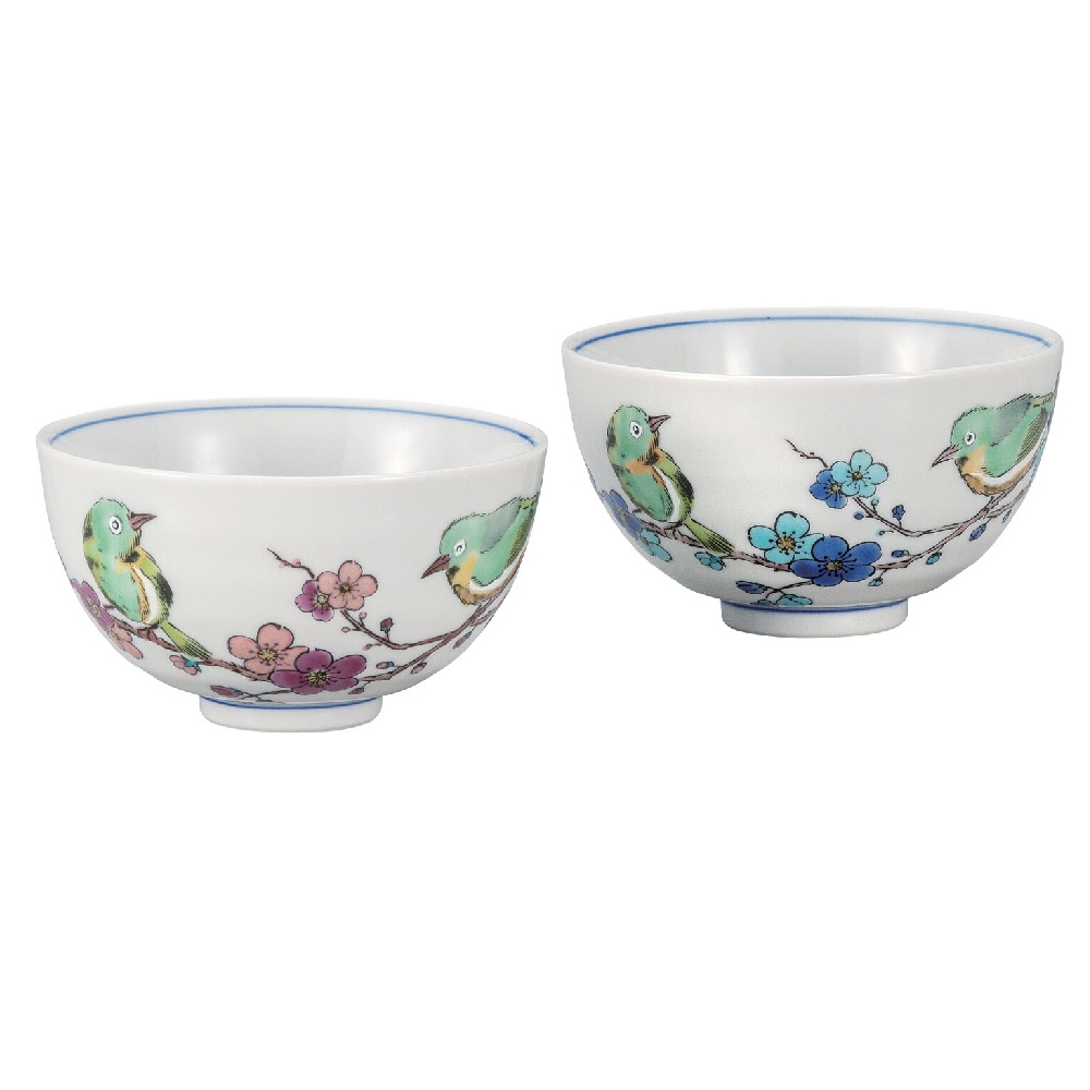 日本の伝統工芸品【九谷焼】組飯碗 めじろに梅