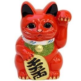 常滑焼 招き猫 梅月 赤小判猫(左手)6号 高さ:19cm|虹八-Kohya-