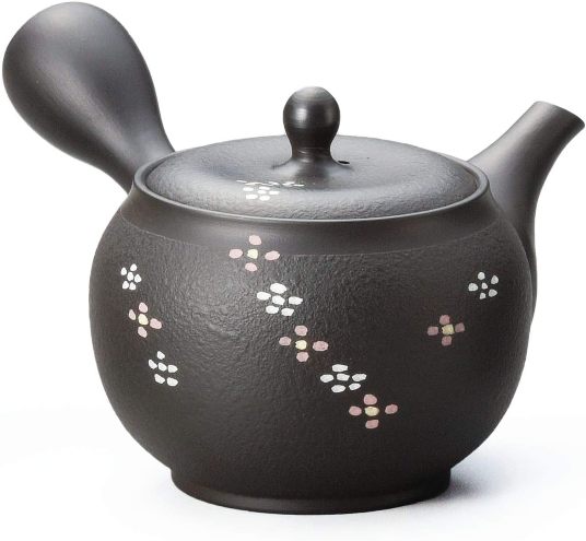 美味しいお茶を淹れるならこれ！！常滑焼急須【陶製茶こし急須】黒ノタ打花流れ急須　春秋作 280cc｜虹八-Kohya-