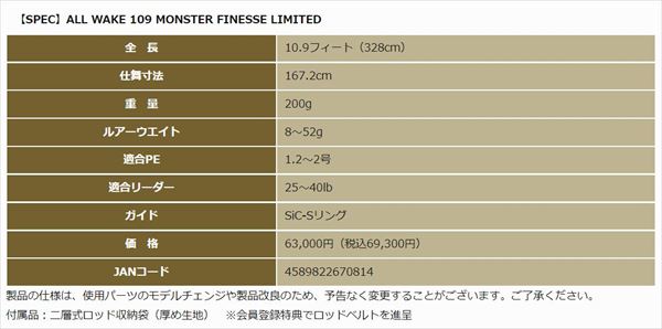 ジャンプライズ シーバスロッド オールウェイク109 モンスターフィネス