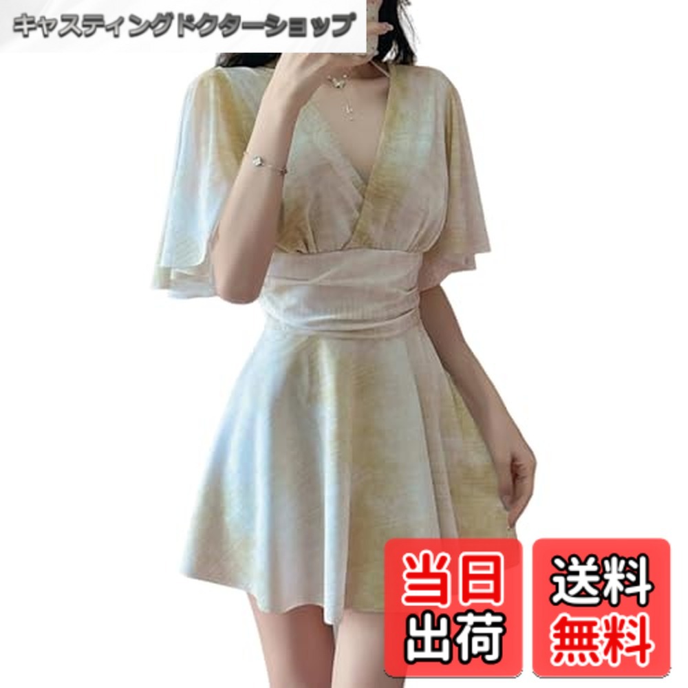 【送料無料】[HuuMeNEIDOO] 水着 レディース ワンピース 体型カバー 大きいサイズ 可愛い 半袖 胸パッド付き ショートパンツ付き オールインワン フリル ハイウエスト 柔らか 水陸両用 旅行