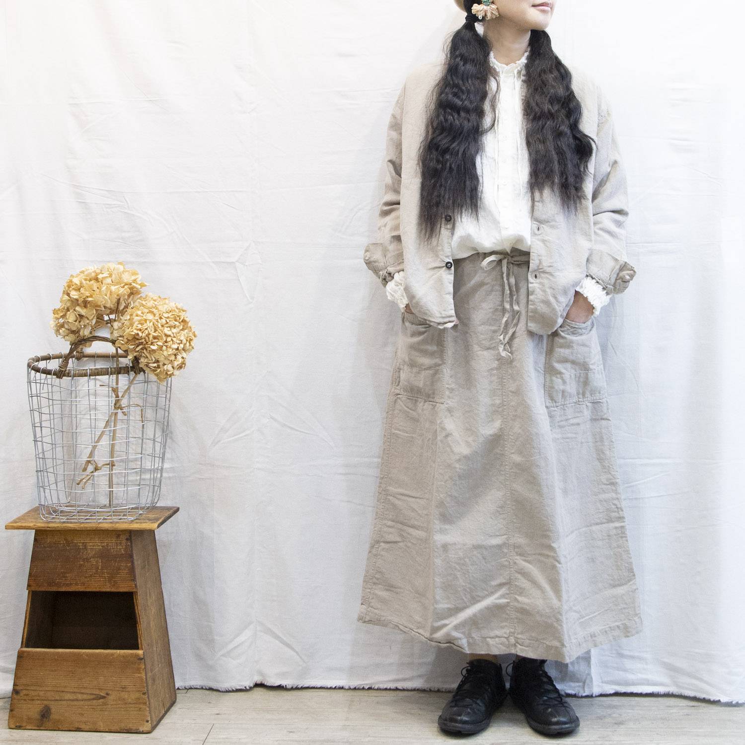 HTS（エイチティーエス）COTTON LINEN PLAIN OVERDYE EASY SKIRT 綿麻素材 春夏　レディース