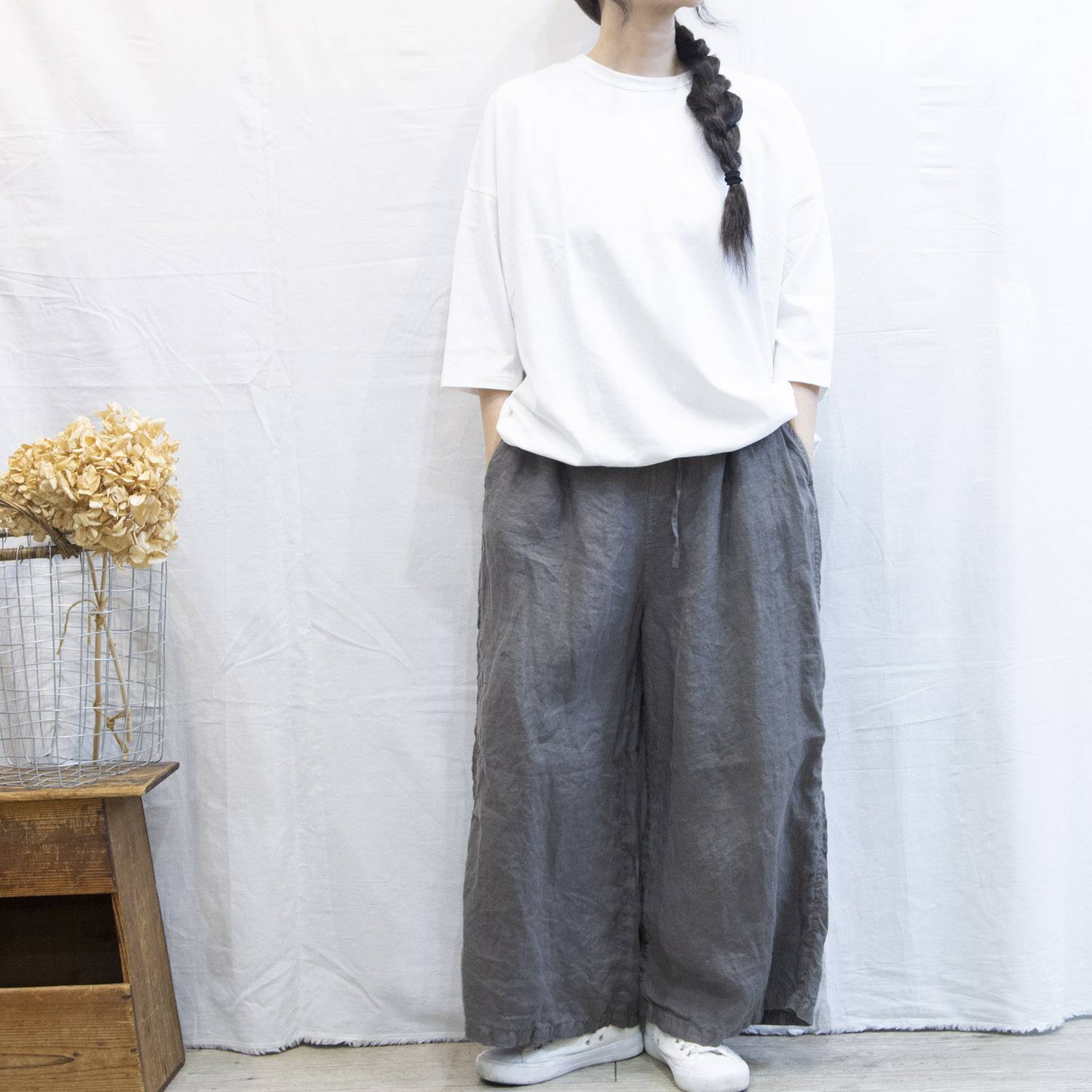 HTS（エイチティーエス）LINEN PLAIN OVERDYE EASY PANTS 麻素材 春夏　レディース