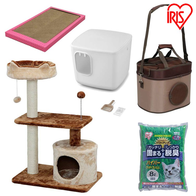 定番人気 スターターセット ワイドタイプ 3wayペットキャリー ハイパーウッディフレッシュキャットタワー キューブ型 猫のつめとぎ キャットタワー 散らかりにくい猫トイレ スターターセット 400円クーポン対象 5点セット キャットタワー キャットタワー