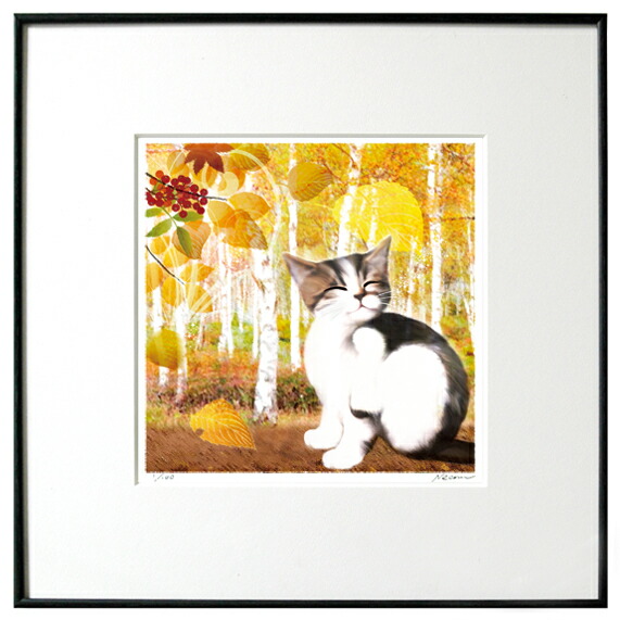 新品ドマンイタリア製インテリアアート額装複製画水彩画クロシロ猫ハチワレ茶白猫の絵 新品ドマンイタリア製インテリアアート額装複製画水彩画クロシロ