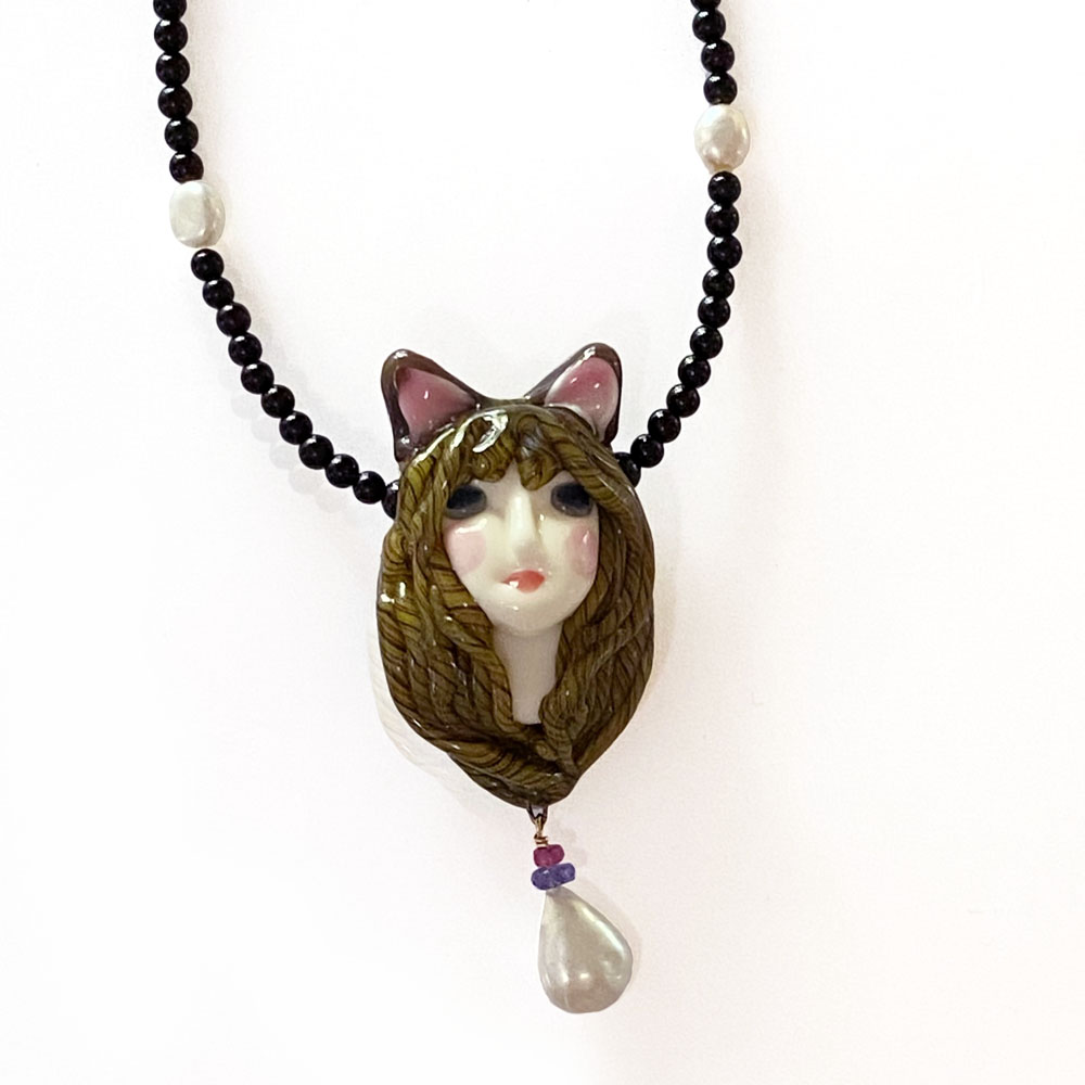 楽天市場 猫 とんぼ玉ネックレス 猫耳 猫 アクセサリー 城下鮎子 Catelier キャットリエ