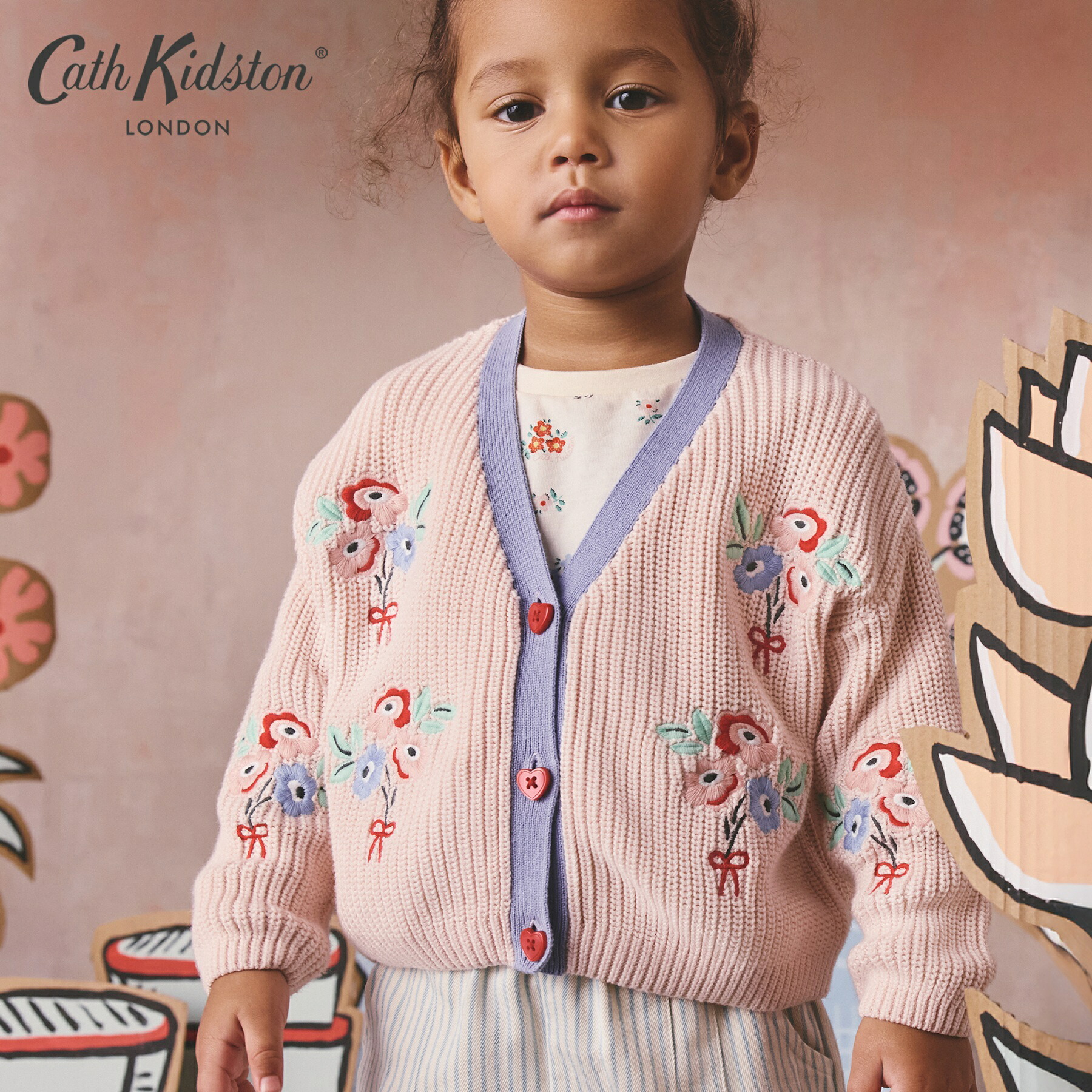 キャス キッドソン 公式 キッズ 刺繍カーディガン Flower Bunch Embroidery Pink / レディース キャスキッドソン Cath Kidston n260220
