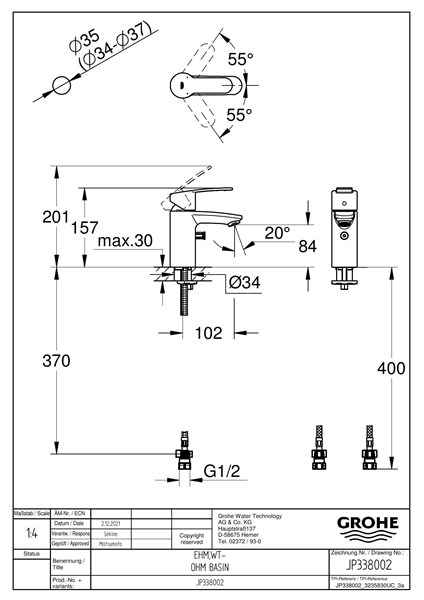 JP365102 グローエ GROHE 引棒なし コールドスタート仕様 寒冷地仕様 シングルレバー洗面混合栓